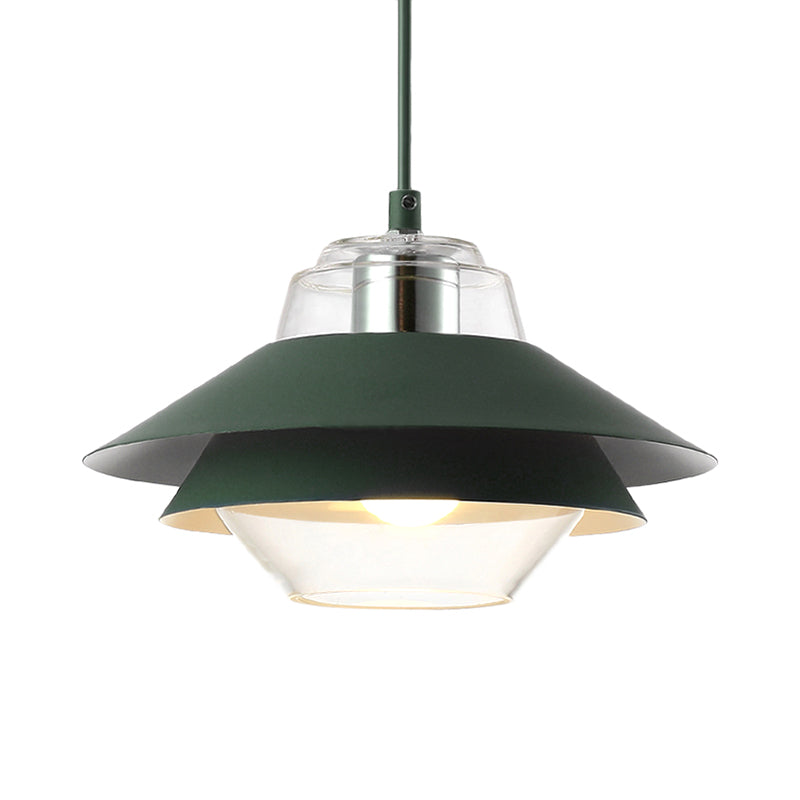 Macaron Stylish Flared Pendant Light: Gray/Yellow | Metal Lamp With Clear Glass Shade