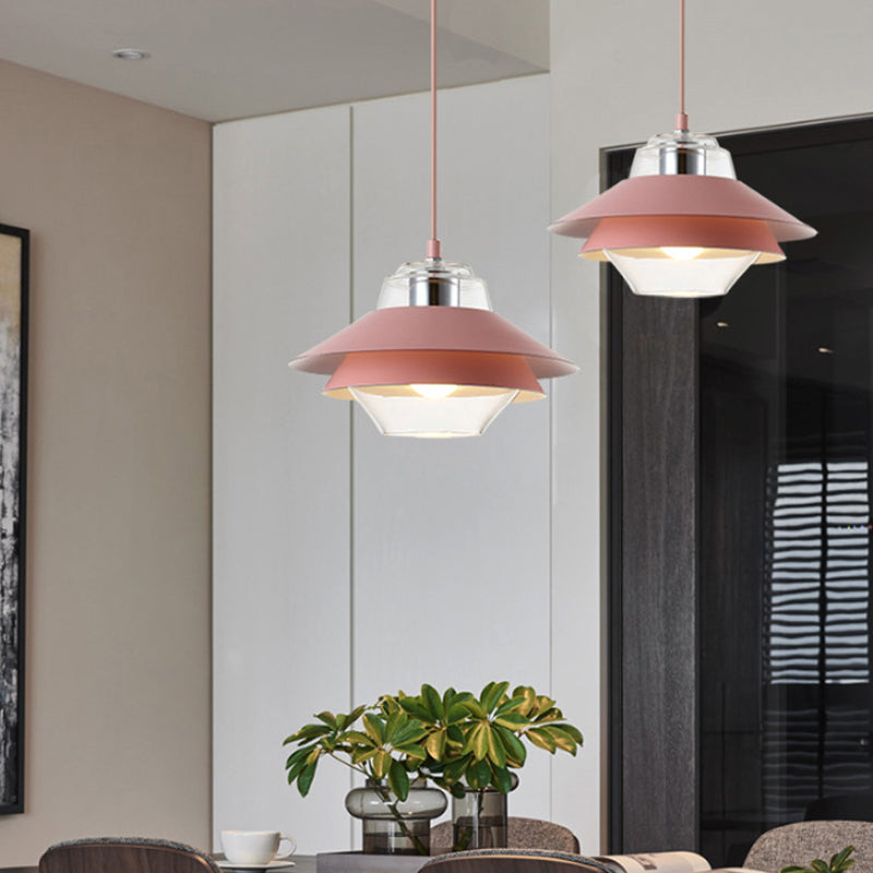 Macaron Stylish Flared Pendant Light: Gray/Yellow | Metal Lamp With Clear Glass Shade
