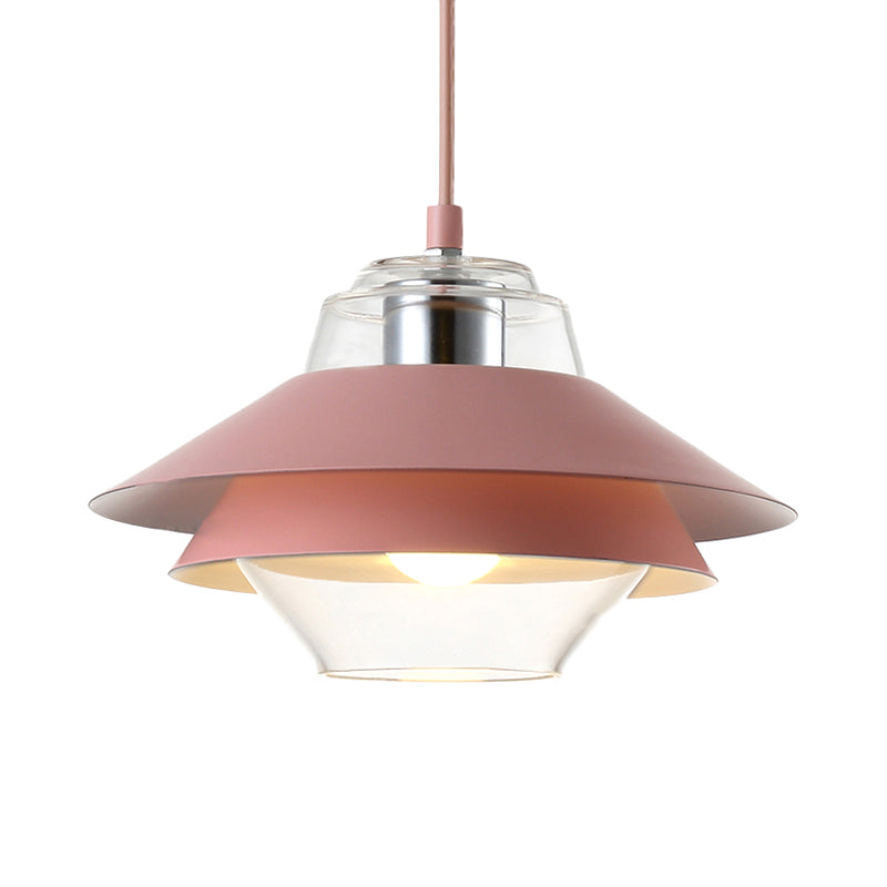 Macaron Stylish Flared Pendant Light: Gray/Yellow | Metal Lamp With Clear Glass Shade