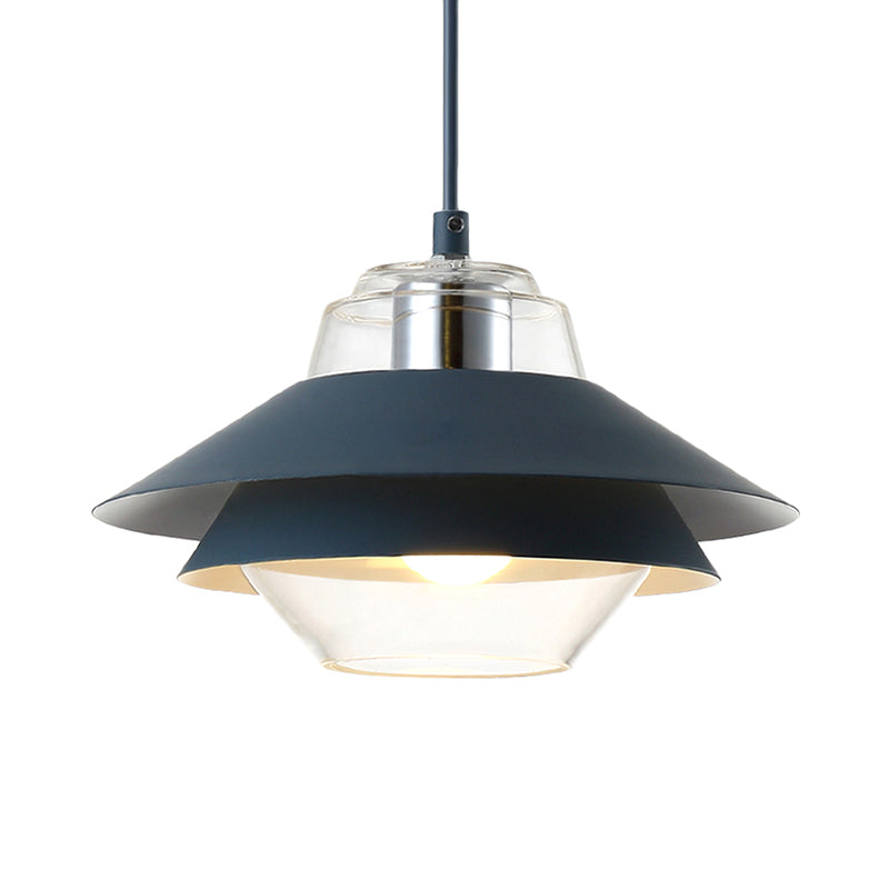 Macaron Stylish Flared Pendant Light: Gray/Yellow | Metal Lamp With Clear Glass Shade