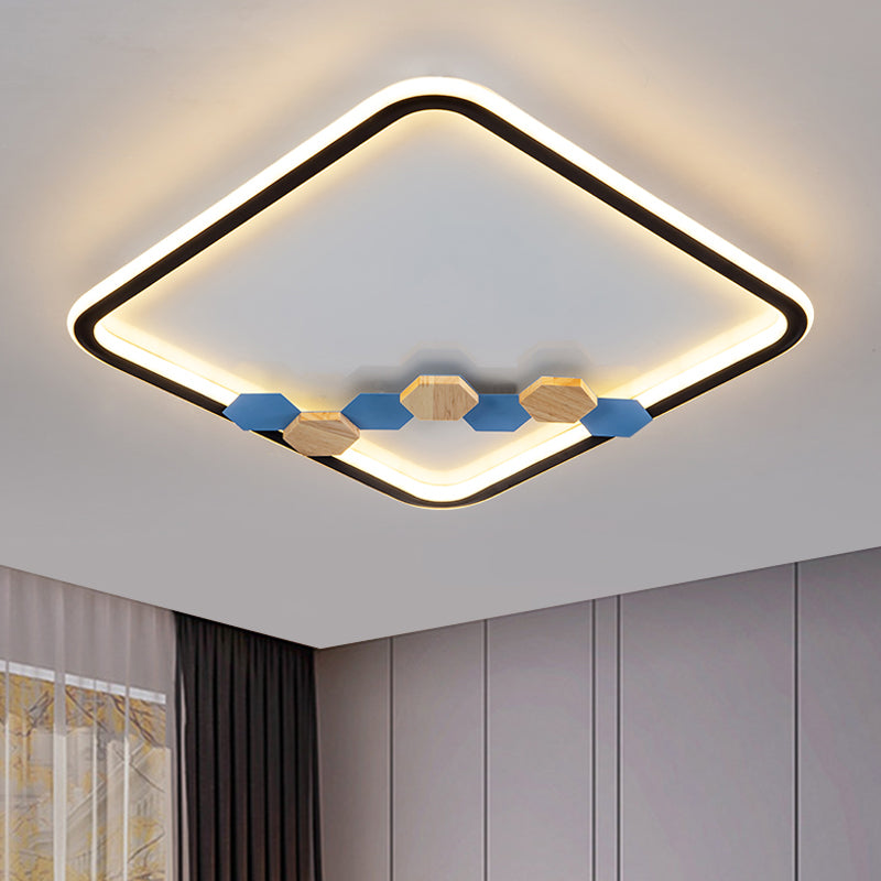 Plafonnier LED minimaliste noir avec décoration en forme de feuille/géométrique - Design rond/carré