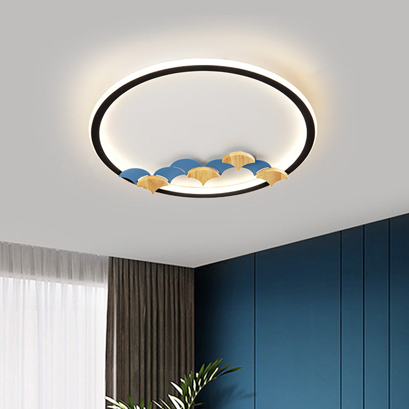 Plafonnier LED minimaliste noir avec décoration en forme de feuille/géométrique - Design rond/carré