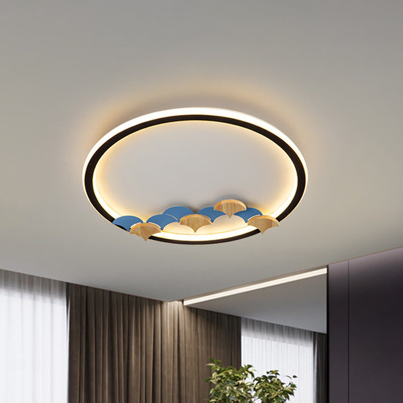 Plafonnier LED minimaliste noir avec décoration en forme de feuille/géométrique - Design rond/carré