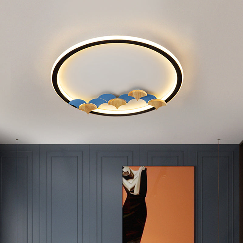 Plafonnier LED minimaliste noir avec décoration en forme de feuille/géométrique - Design rond/carré