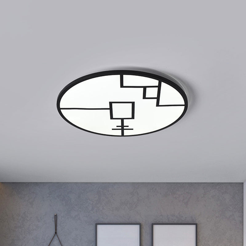 Modern Round LED Ceiling Light in Black/White with Geometric Pattern - Flush Mount Fixture for Living Room
