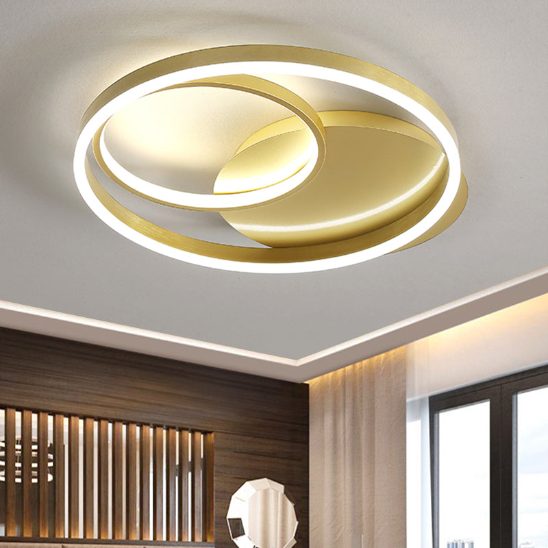 Plafonnier LED contemporain métallisé doré/café - Montage encastré avec anneau halo, lumière chaude/blanche, largeur 18/21,5 pouces