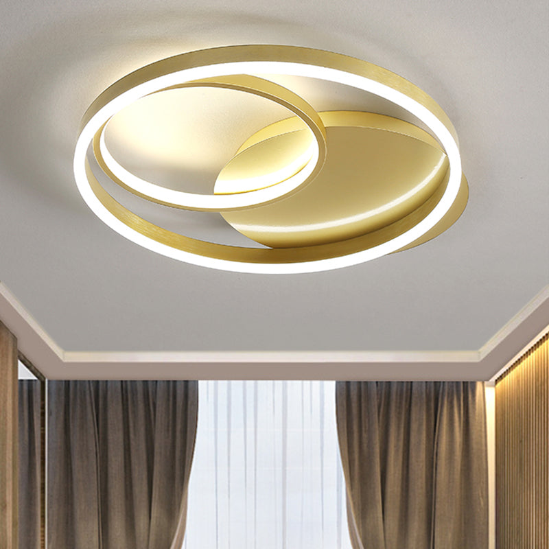 Plafonnier LED contemporain métallisé doré/café - Montage encastré avec anneau halo, lumière chaude/blanche, largeur 18/21,5 pouces