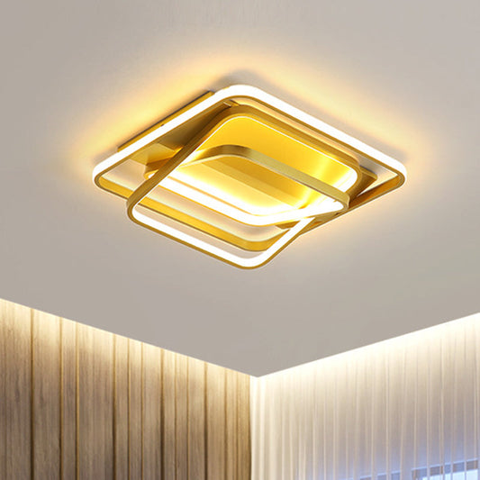 Modern Metallic LED Gold Ceiling Mounted Light for Living Room - 3-Square Frame Flush Lighting Fixture
