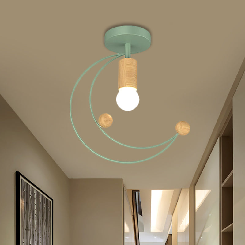 Modern Metallic Crescent Ceiling Light With Wooden Ball Deco - Semi Flush Mount In Black/White/Grey