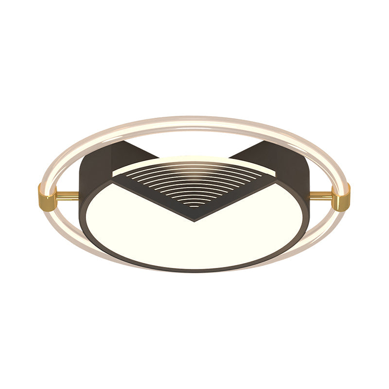 Contemporary LED Flush Ceiling Light, Black Circle Design, Metallic Finish, for Sleeping Room - 16"/19.5" W