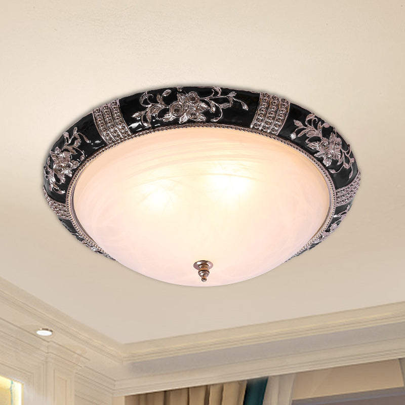 Rural Black Domed Flush Mount Lamp with Frosted Glass Ceiling and Leave/Flower Deco, 3-Light, 14"/19.5" W