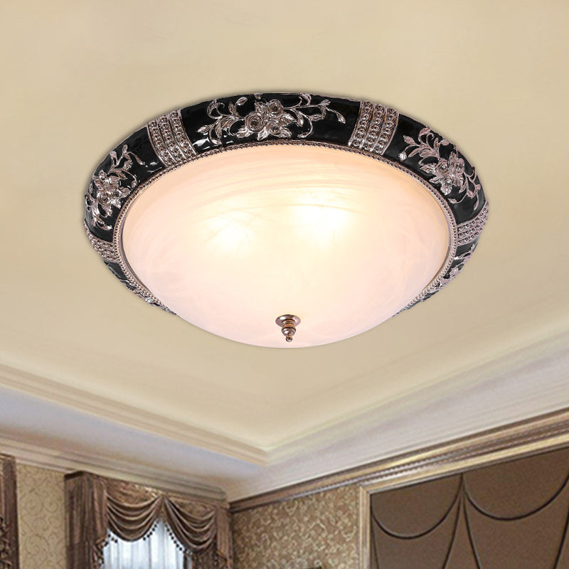 Rural Black Domed Flush Mount Lamp with Frosted Glass Ceiling and Leave/Flower Deco, 3-Light, 14"/19.5" W