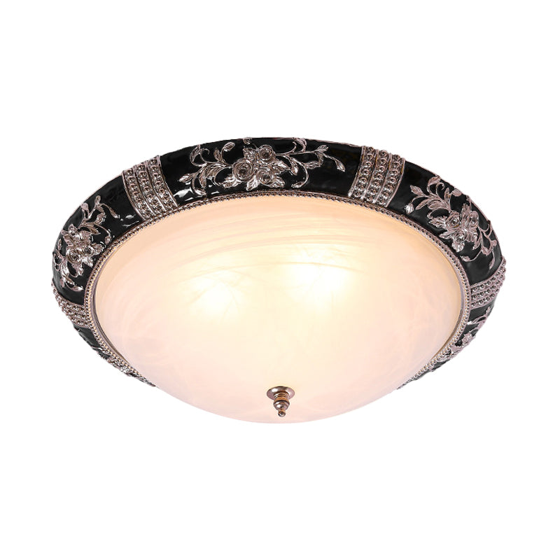 Rural Black Domed Flush Mount Lamp with Frosted Glass Ceiling and Leave/Flower Deco, 3-Light, 14"/19.5" W