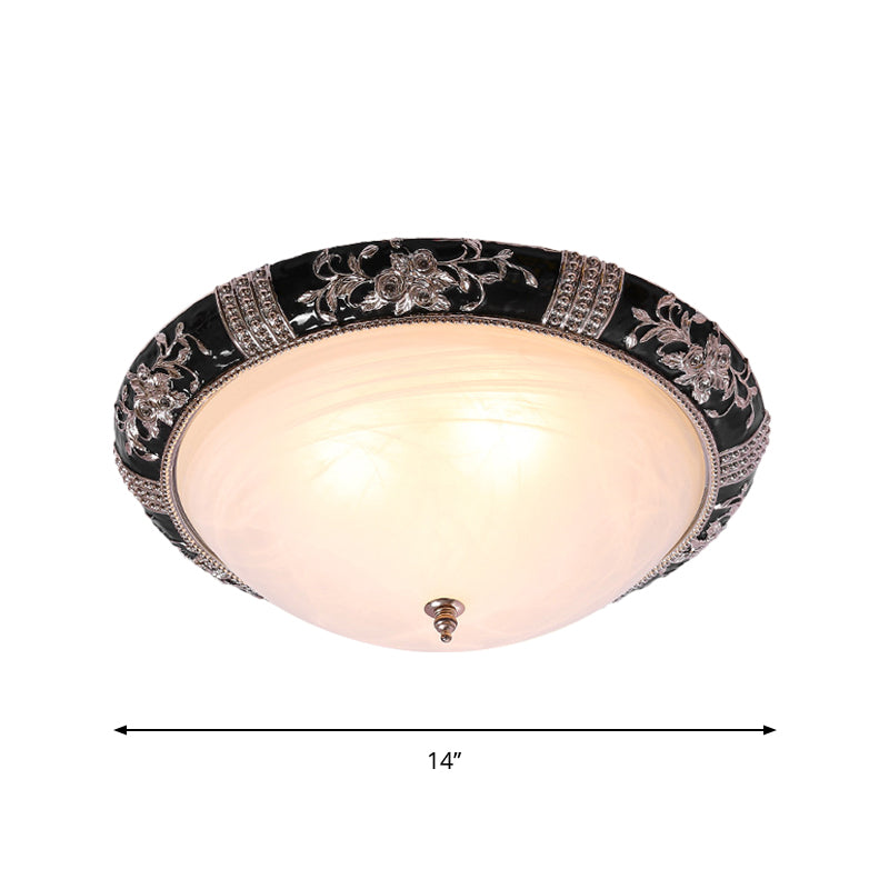 Rural Black Domed Flush Mount Lamp with Frosted Glass Ceiling and Leave/Flower Deco, 3-Light, 14"/19.5" W