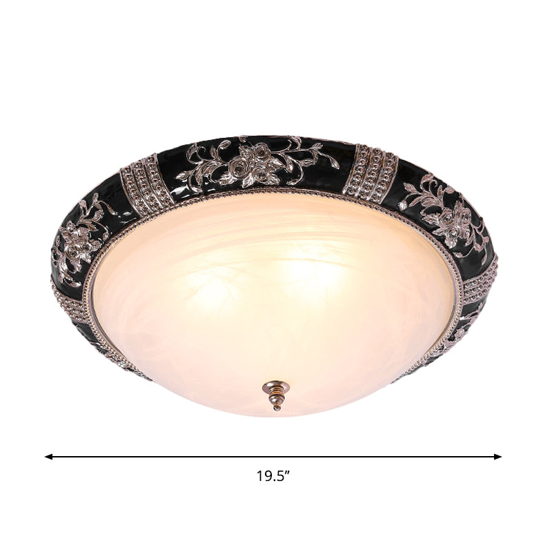 Rural Black Domed Flush Mount Lamp with Frosted Glass Ceiling and Leave/Flower Deco, 3-Light, 14"/19.5" W
