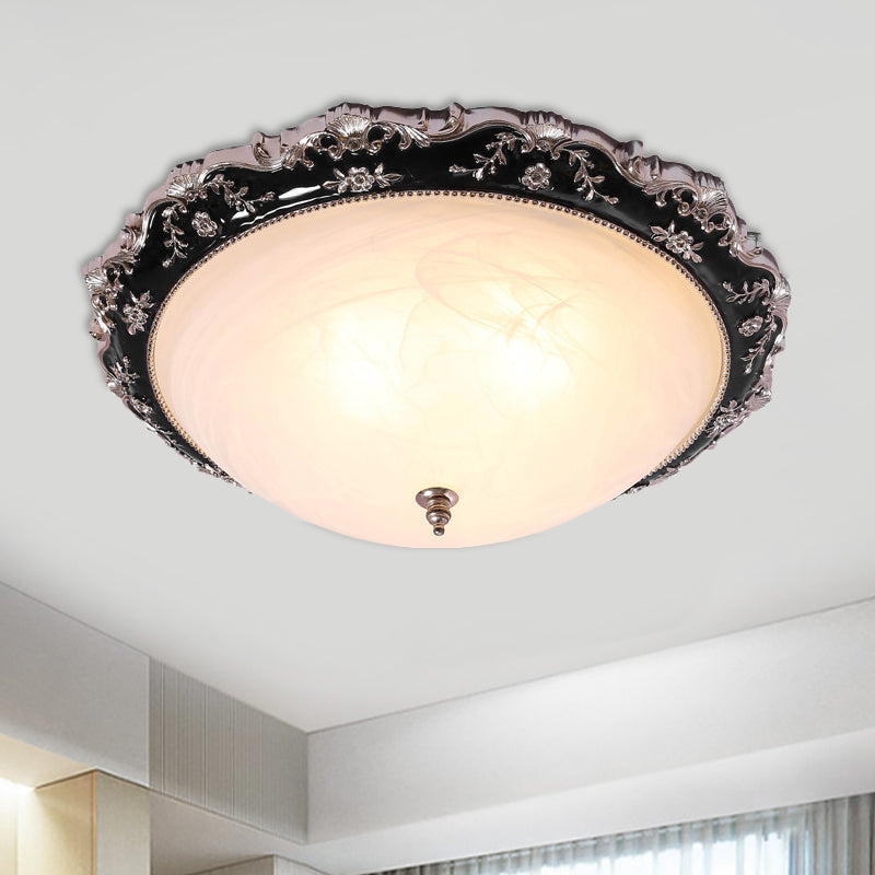 Rural Black Domed Flush Mount Lamp with Frosted Glass Ceiling and Leave/Flower Deco, 3-Light, 14"/19.5" W