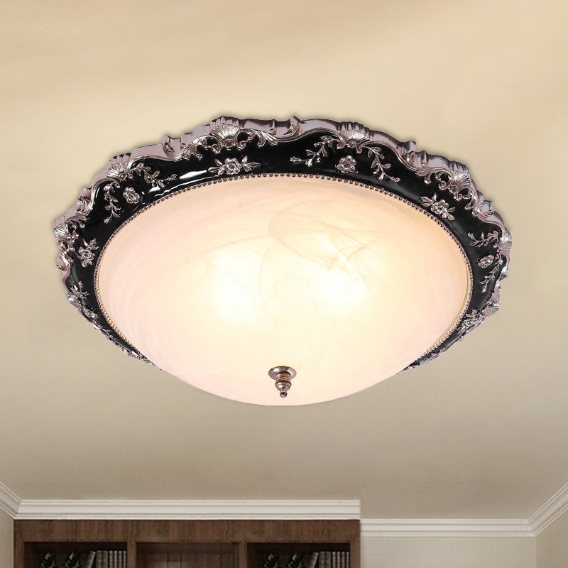 Rural Black Domed Flush Mount Lamp with Frosted Glass Ceiling and Leave/Flower Deco, 3-Light, 14"/19.5" W