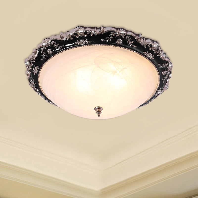 Rural Black Domed Flush Mount Lamp with Frosted Glass Ceiling and Leave/Flower Deco, 3-Light, 14"/19.5" W