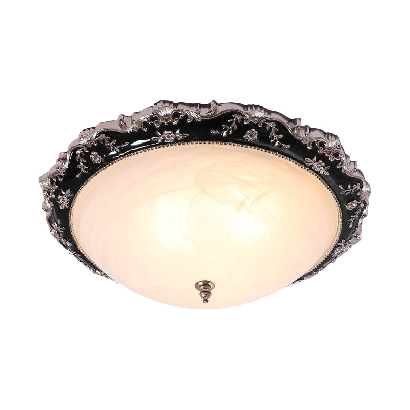 Rural Black Domed Flush Mount Lamp with Frosted Glass Ceiling and Leave/Flower Deco, 3-Light, 14"/19.5" W