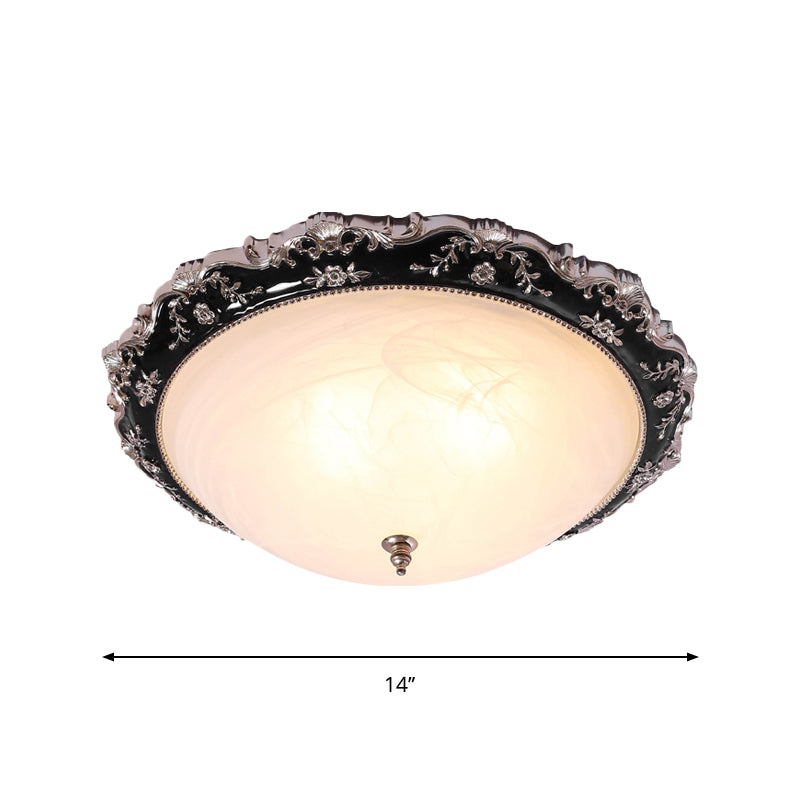 Rural Black Domed Flush Mount Lamp with Frosted Glass Ceiling and Leave/Flower Deco, 3-Light, 14"/19.5" W