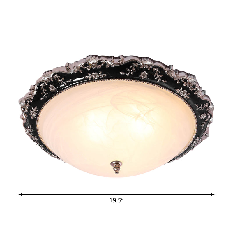 Rural Black Domed Flush Mount Lamp with Frosted Glass Ceiling and Leave/Flower Deco, 3-Light, 14"/19.5" W