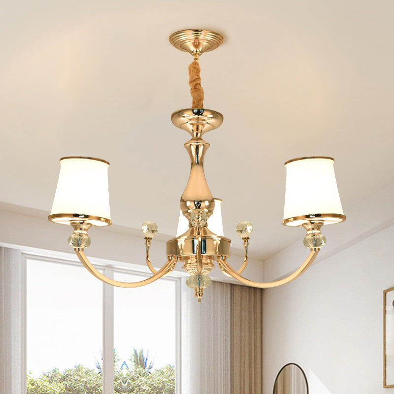 Modernist Opal Glass Cone Ceiling Pendant Chandelier - Chrome/Gold, Curved Arm, 3/6 Lights