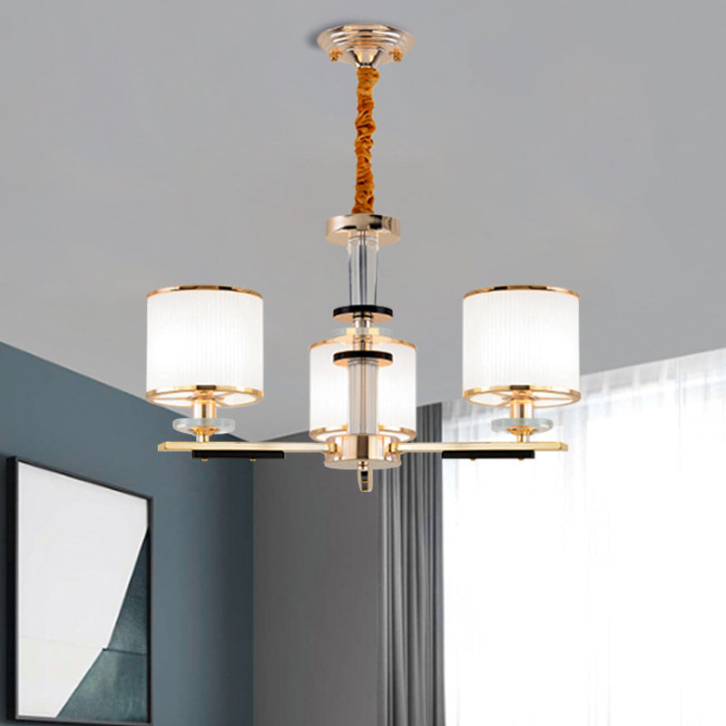 Lustre doré Simplicity avec abat-jour en verre opale - Suspension tambour à 3 têtes pour plafond de salon