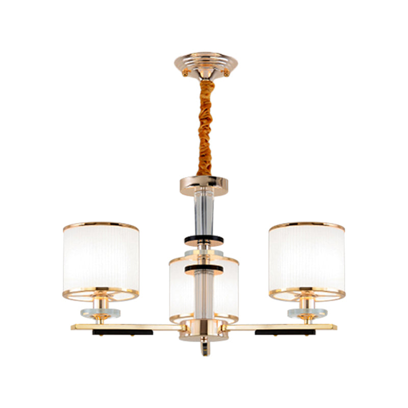 Lustre doré Simplicity avec abat-jour en verre opale - Suspension tambour à 3 têtes pour plafond de salon