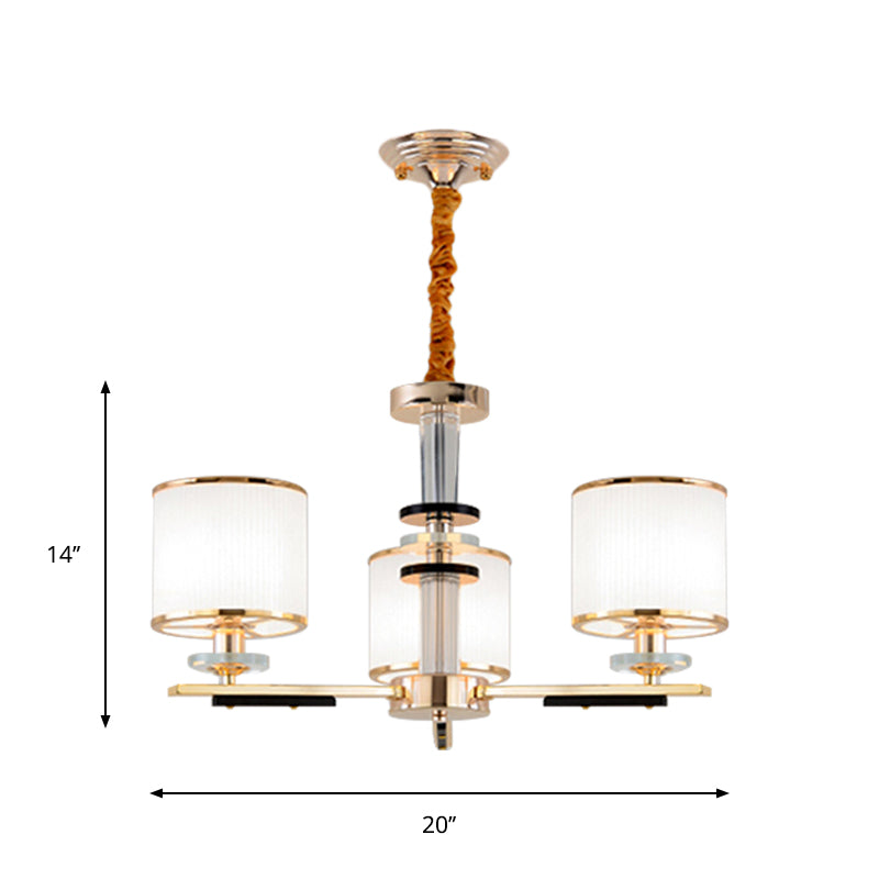 Lustre doré Simplicity avec abat-jour en verre opale - Suspension tambour à 3 têtes pour plafond de salon