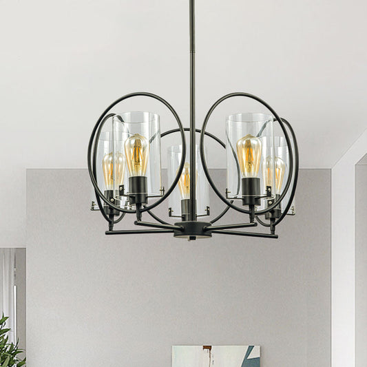 Farmhouse 5-Light Black Chandelier with Clear Glass Cylinder Shades and Hoop Design