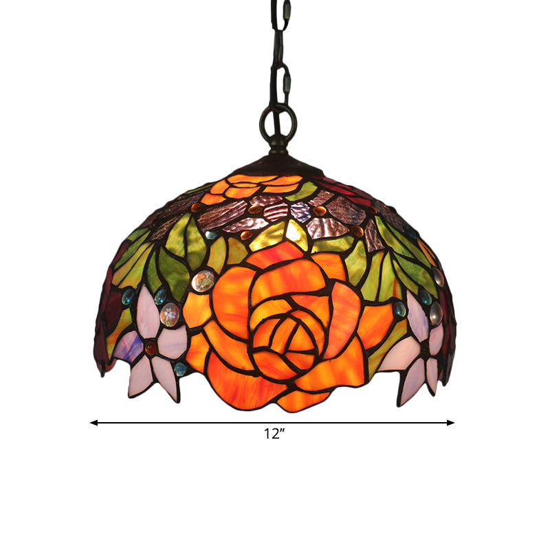 Victorian Dome Cut Glass Pendant Lamp - 1-Light Yellow Finish with Blossom Pattern