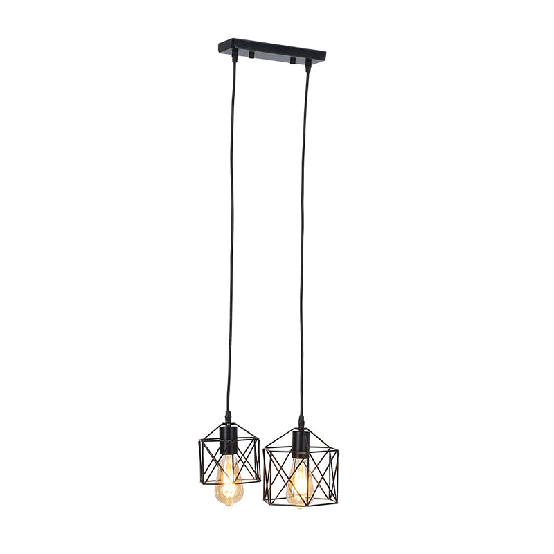 Hexagon Frame Multi Pendant Retro Style Black Metal Ceiling Hang Fixture With 2 Lights