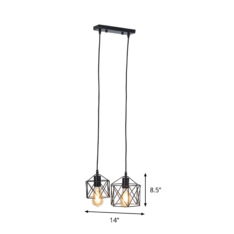 Retro Hexagon Multi-Pendant Ceiling Fixture with Black Metal Frame and 2 Lights