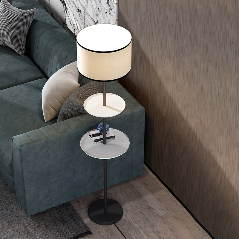 Traditional White Fabric Standing Floor Lamp With Shelves Design - 1 Head Drum Light