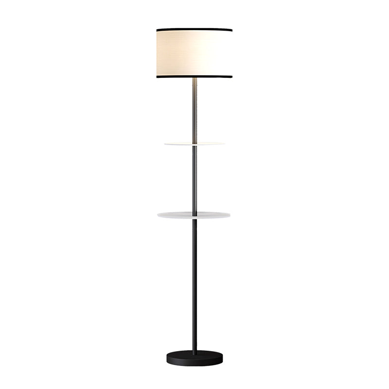 Traditional White Fabric Standing Floor Lamp With Shelves Design - 1 Head Drum Light