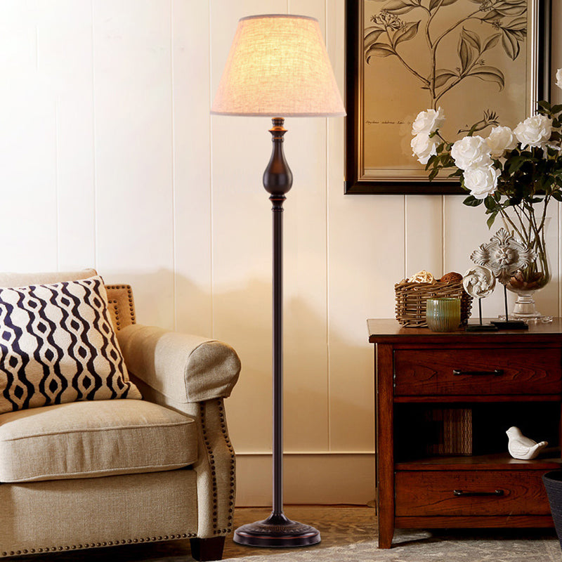 Vintage Barrel Fabric Standing Lamp With 1 Bulb - Apricot Floor Lighting For Drawing Room