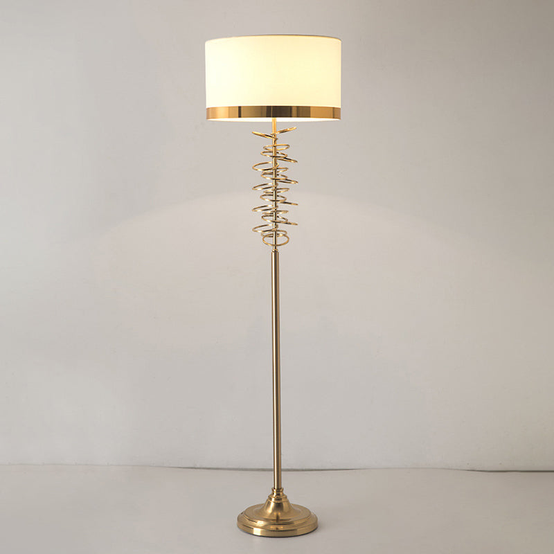 Antique Floor Lamp With White/Red Fabric Drum Shade Single Head And Rings Deco - Ideal For Parlor