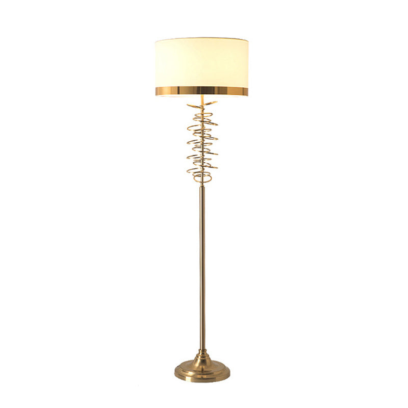 Antique Floor Lamp With White/Red Fabric Drum Shade Single Head And Rings Deco - Ideal For Parlor
