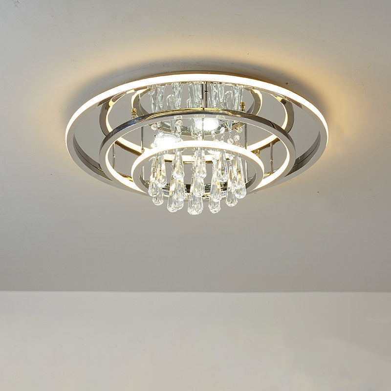 Modern Rings LED Semi Flush Ceiling Light with Crystal Strands - Chrome Finish