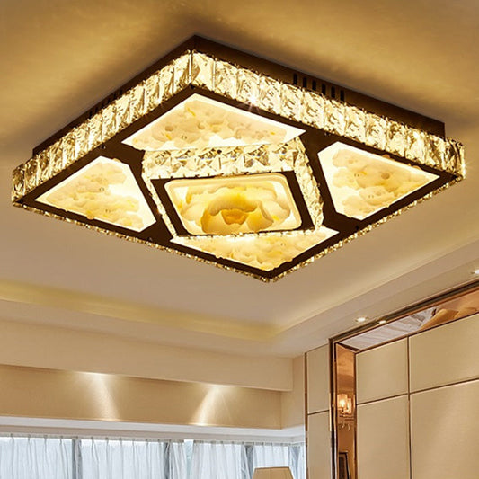 Simplicity Flushmount with Jade Lotus Design in Chrome - Square Bedroom Ceiling LED Crystal Flush Mount