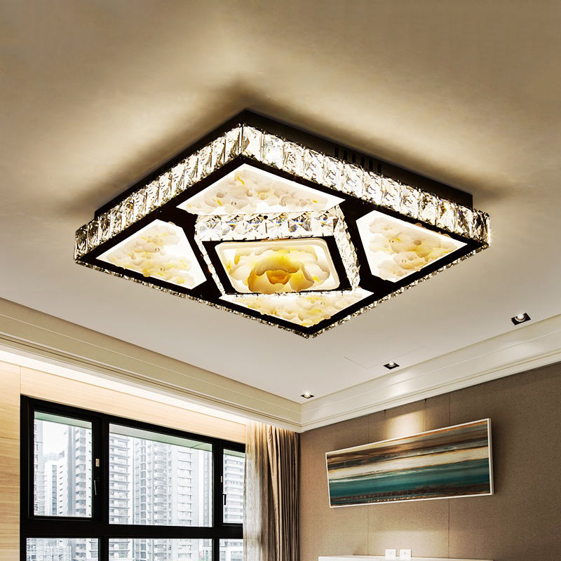 Simplicity Flushmount with Jade Lotus Design in Chrome - Square Bedroom Ceiling LED Crystal Flush Mount