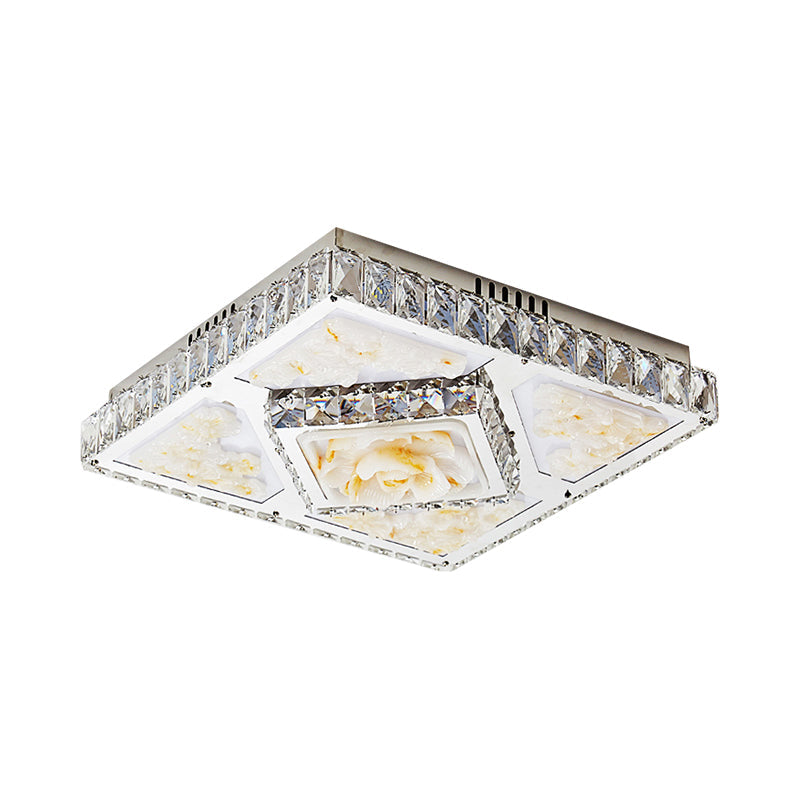 Simplicity Flushmount with Jade Lotus Design in Chrome - Square Bedroom Ceiling LED Crystal Flush Mount