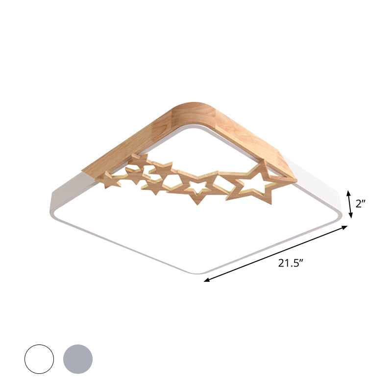 Modern LED Square Acrylic Flush Mount Lamp with Grey/White Ceiling Light Fixture and Wooden Star Deco