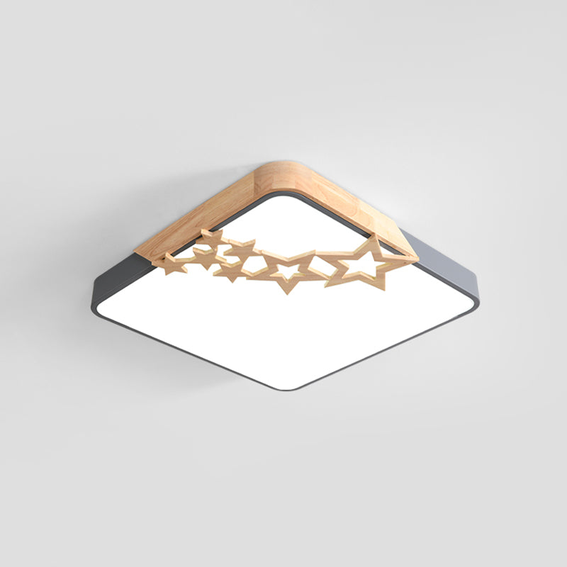 Modern LED Square Acrylic Flush Mount Lamp with Grey/White Ceiling Light Fixture and Wooden Star Deco