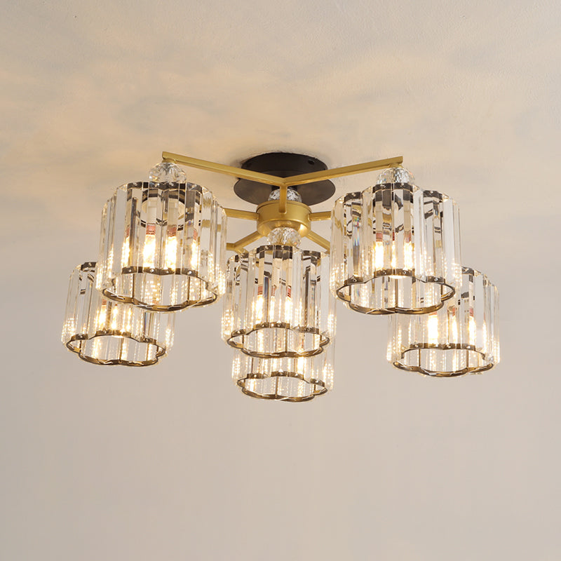 Gold Floral Cylinder Crystal Guest Room Semi Flush Ceiling Fixture (4/6/7-Light) - Minimalist Design