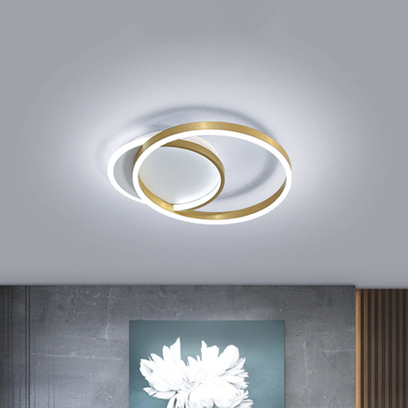 Modern Gold/Coffee Double Hoop Flush Ceiling Light - LED Metallic Flush Mount Fixture (16"/19" Width) for Bedroom - Warm/White Light