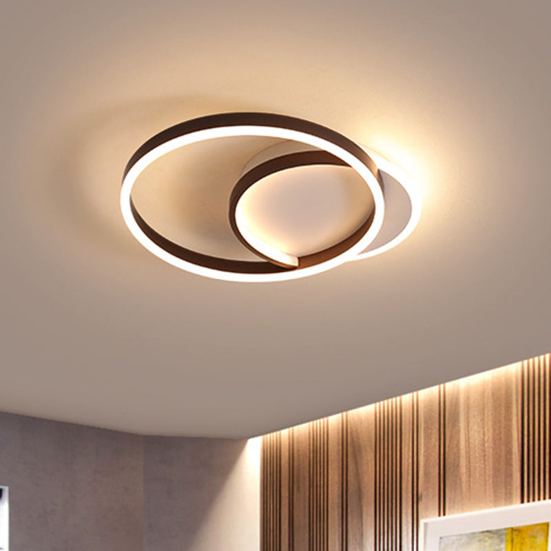 Modern Gold/Coffee Double Hoop Flush Ceiling Light - LED Metallic Flush Mount Fixture (16"/19" Width) for Bedroom - Warm/White Light