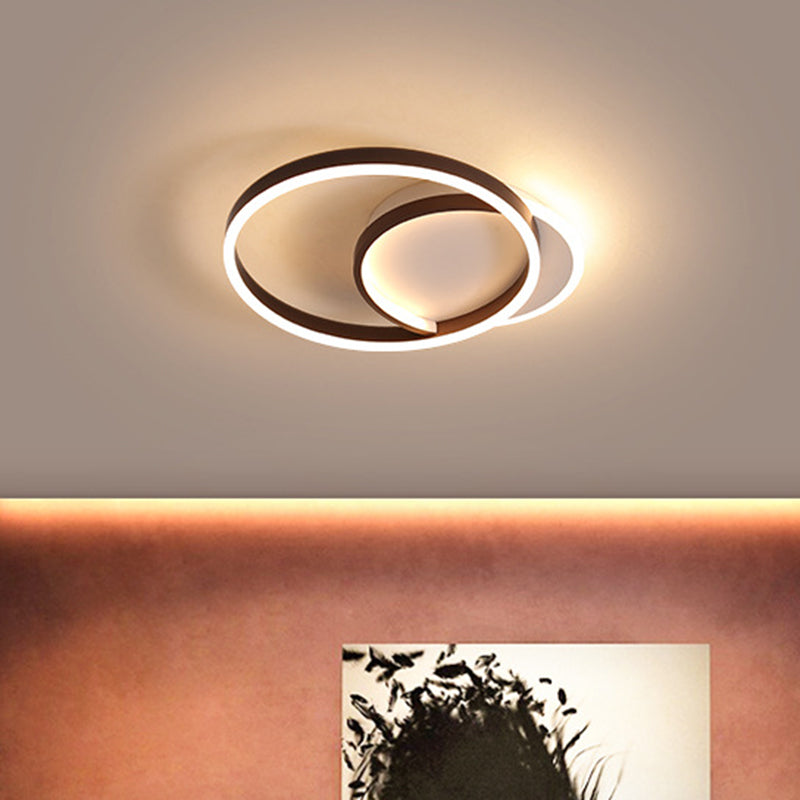 Modern Gold/Coffee Double Hoop Flush Ceiling Light - LED Metallic Flush Mount Fixture (16"/19" Width) for Bedroom - Warm/White Light