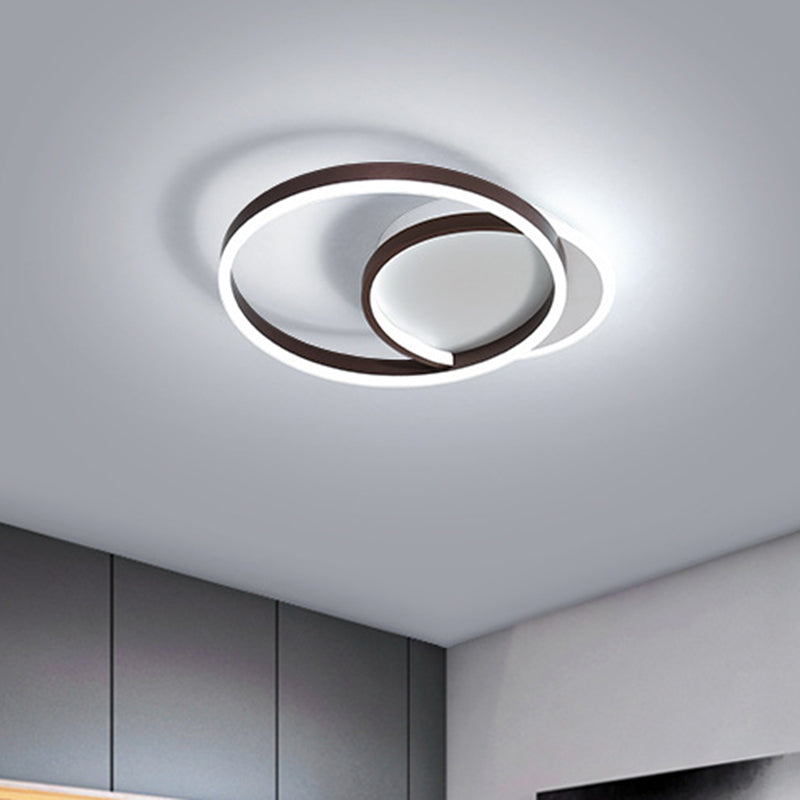 Modern Gold/Coffee Double Hoop Flush Ceiling Light - LED Metallic Flush Mount Fixture (16"/19" Width) for Bedroom - Warm/White Light