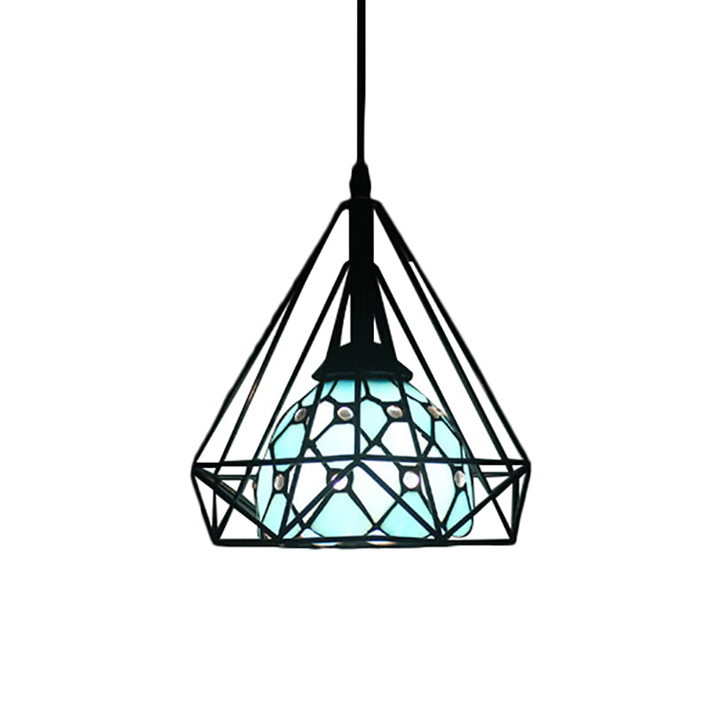 Suspension Diamond Cage avec abat-jour en forme de dôme bleu/blanc de style Tiffany